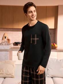 Manfinity Underwear&Sleepwear Basics 男士圆领长袖上衣和格子裤休闲家居服套装 - 黑色 - 查看 3