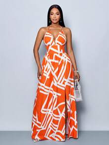 SOLERSUN Women Casual Holiday Deep V Neck Backless Ruched Split Thigh Maxi Dress With Botanical Print - Orange - View 7