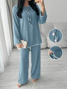 Veilorie Áo sơ mi nữ thắt nơ thêu sóng phong cách thường ngày kín đáo - Màu xanh lam - Xem 9