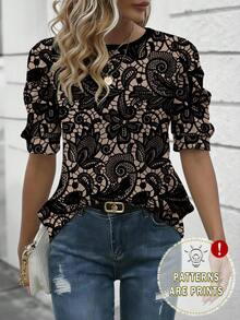 EMERY ROSE Blusa con diseño floral de encaje para mujer, camiseta de manga de pétalo de cuello redondo cómoda, adecuada para uso diario en primavera/verano - Multicolor - Ver 1