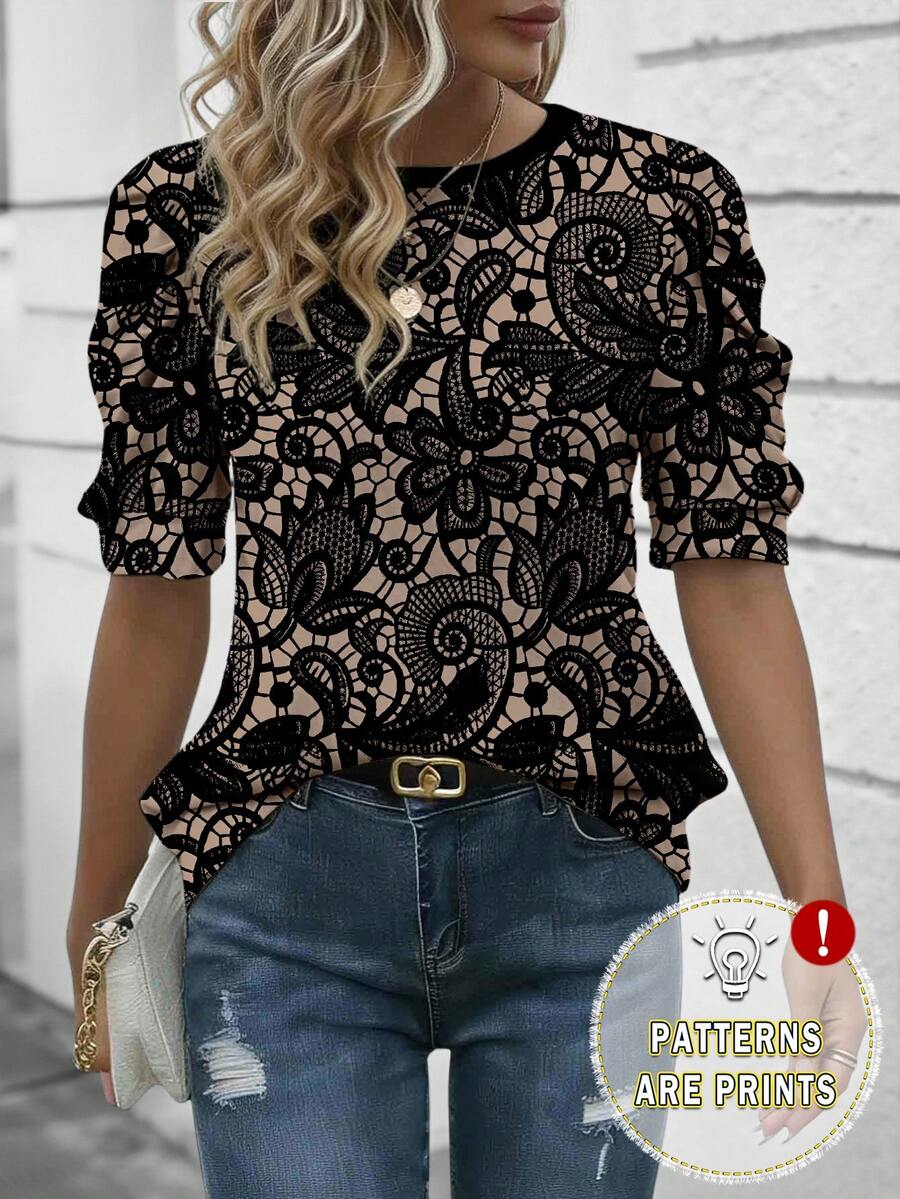 EMERY ROSE Blusa con diseño floral de encaje para mujer, camiseta de manga de pétalo de cuello redondo cómoda, adecuada para uso diario en primavera/verano - Multicolor - Ver 1