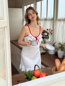 Snug Reverie Áo ngủ hai dây nữ dệt kim họa tiết ren xếp nếp lãng mạn với viền xếp nếp. - trắng - Xem 3