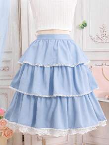 SHEIN Pitira Chân váy xòe xếp ly eo chun co giãn đa năng cho bé gái tuổi teen, màu xanh dương và trắng. - Xanh và trắng - Xem 2