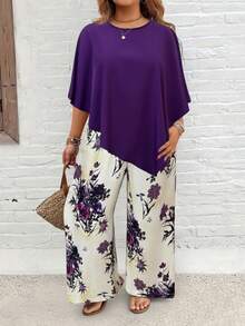 EMERY ROSE Conjunto informal de mujer talla grande con top de cuello redondo de unicolor y pantalones de pierna ancha con estampado floral - Multicolor - Ver 5