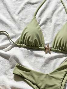 Swim Mod Women's Solid Color Spaghetti Strap Metal Decor Sexy Bikini Set, Summer - Green - View 3