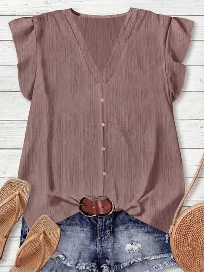 Rusticease Women's Solid Color V-Neck Cap Sleeve Casual Blouse, Suitable For Summer