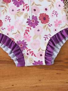 Newborn Baby Girls' One-Piece Long Sleeve Floral Print Swimsuit With Ruffled Trim & Swim Cap, 2pcs Set, Suitable For Vacation, Summer Fashion, Swimming Pool, Beach, Holiday Party - Multicolor - View 4