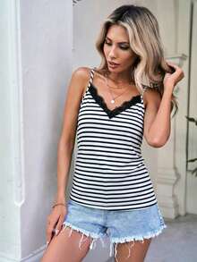 Easowa Áo tank top hai dây cổ chữ V phối ren tương phản, kiểu dáng retro, đa năng, họa tiết kẻ sọc, phù hợp cho nữ, thích hợp cho các buổi đi chơi, kỳ nghỉ biển, phong cách lãng mạn, đi làm, hẹn hò, thời trang sành điệu. - Nhiều màu - Xem 7
