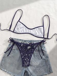 Bộ bikini tam giác phong cách Boho Bohemian Retro Y2K Vintage Hippie dành cho nữ, hàng mới về của Swim Vcay - Bộ đồ bơi 2 mảnh với dây đeo mảnh, áo cổ tròn, quần buộc dây bên hông, kiểu quần lọt khe gợi cảm, dây đeo có thể điều chỉnh và viền tương phản - Nền nâu với họa tiết hoa vàng trắng - Vải co giãn mềm mại, nhanh khô - Đồ đi biển cho kỳ nghỉ hè, tiệc bể bơi, lễ hội âm nhạc, đám cưới và các dịp lễ khác. - Màu xanh hải quân - Xem 5
