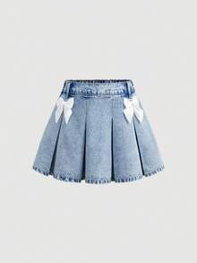 SHEIN Girlism 青少年女孩時尚休閒 Y2K 白色蝴蝶結淺藍色百褶半身牛仔裙 - 藍色 - 查看 1
