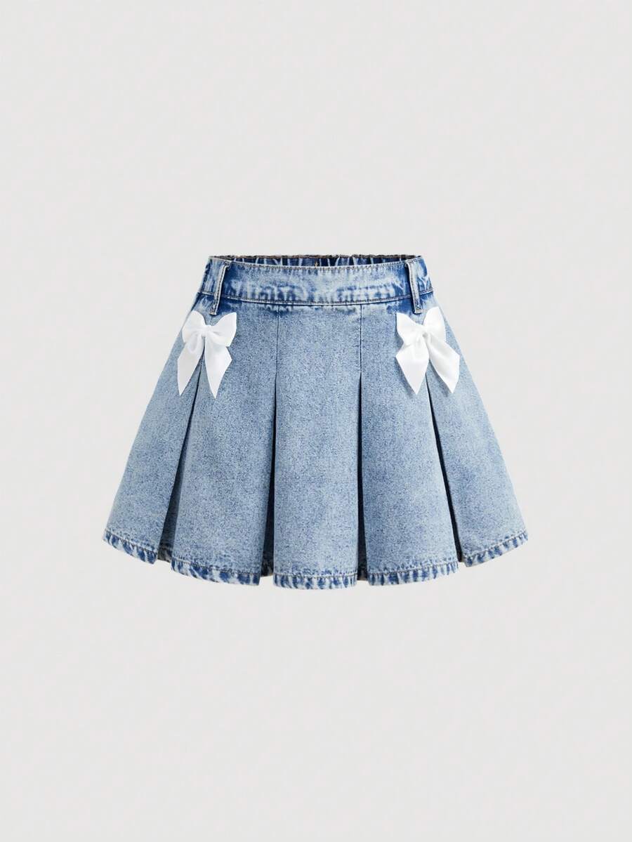 SHEIN Girlism 青少年女孩時尚休閒 Y2K 白色蝴蝶結淺藍色百褶半身牛仔裙 - 藍色 - 查看 1