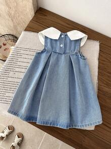 SHEIN LMoss Kids Đầm ngắn không tay dáng rộng màu xanh denim cổ bướm trắng dễ thương cho bé gái - Rửa trung bình - Xem 2