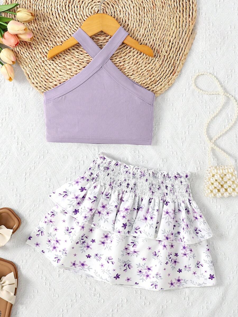 SHEIN Genkimix Kids Toddler Girls' Vacation Casual Halter Solid Color Tank Top And Elastic Waist Floral Ruffle Skirt Set, Summer - Purple - View 1