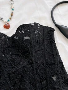 Soleia Áo corset ren hai lớp ôm sát gợi cảm kiểu Âu và Mỹ, áo liền thân thêu rỗng, trang phục dự tiệc đêm màu trắng cho nữ, đi chơi, dự đám cưới, mùa thu - màu đen - Xem 3