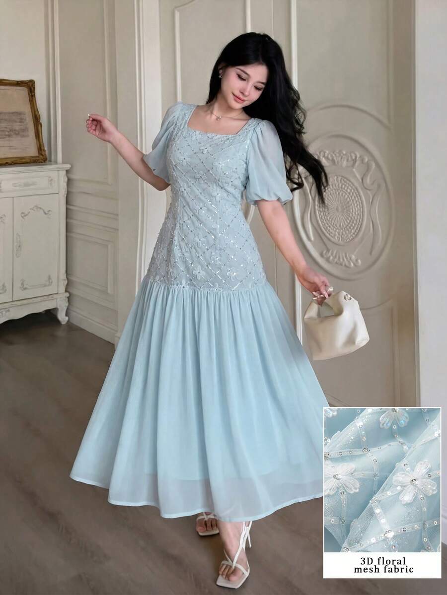 Modelyn 女款優雅法式藍色方領泡泡袖刺繡拼接雪紡洋裝 - 藍色 - 查看 1
