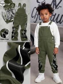 Young Boys Sleeveless Fashion Flame Pattern Black Denim Overalls - Army Green - View 2