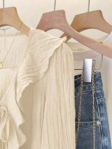 Blusa con cuello en V francés, plisada y con volantes con lazo - Albaricoque - Ver 5