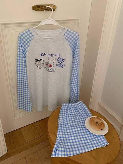 DAZY 2pcs/Set Women's Plaid Patchwork Raglan Sleeve Cute Rabbit Graphic Loose Long Sleeve T-Shirt And Plaid Shorts Pajama Set, Summer