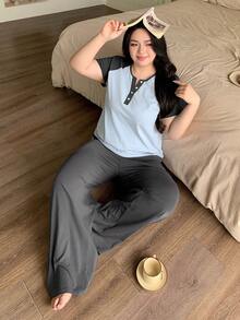 Dazy Plus Casual Contrast Color Raglan Sleeve Loose Short Sleeve Top And Loose Long Pants Plus Size Women Spring/Summer Pajama Set - Grey - View 6