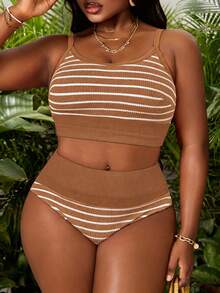 Slaydiva 2 piezas Conjunto de playa de talla grande, Traje de baño tipo tankini de tela a rayas con tirantes ajustables - Café integral - Ver 1
