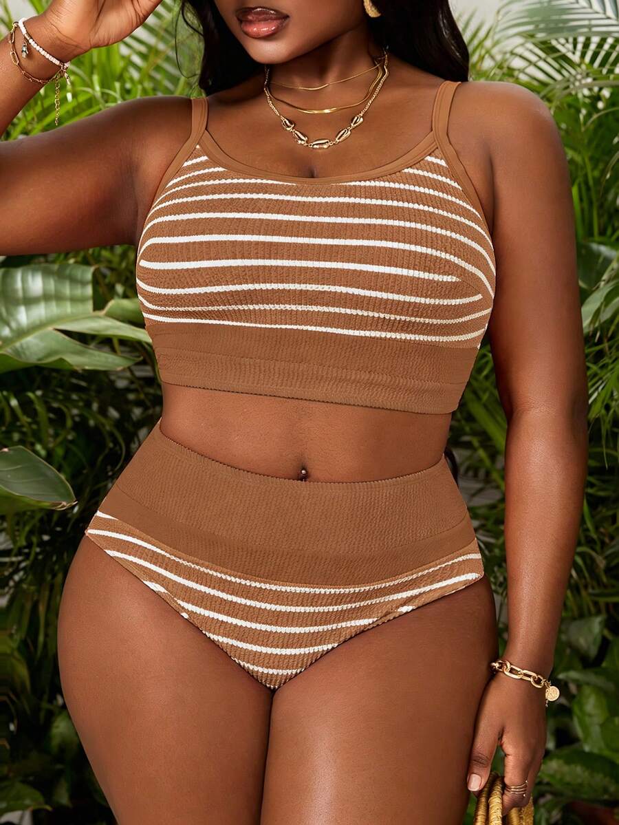 Slaydiva 2 piezas Conjunto de playa de talla grande, Traje de baño tipo tankini de tela a rayas con tirantes ajustables - Café integral - Ver 1