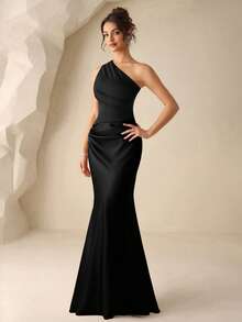 Coutiva Solid Color Ruffle Hem Elegant Bridesmaid Dress (Adult) Formal Wedding Guest Black Spring - Black - View 7