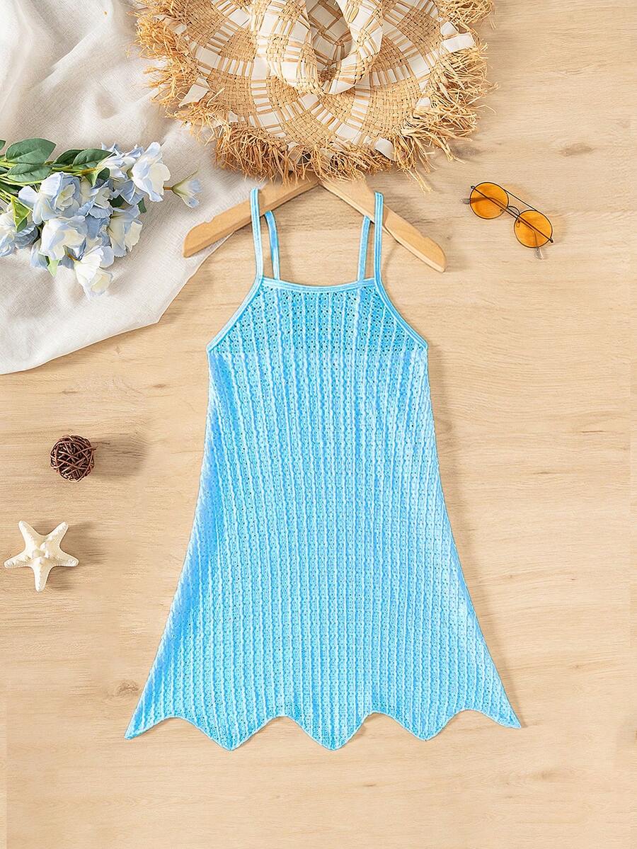 SHEIN Tween Girl Solid Color Casual Beach Cover-Up Slip Dress - Blue - View 1