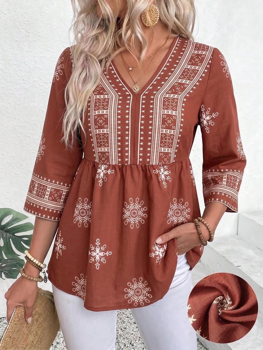 EMERY ROSE Vacation Casual Geometric Print Top - Multicolor - View 1