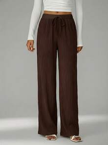 SHEIN Tall Loose Drawstring Waist Trousers In Textured Crinkle Fabric - Chocolate Brown - View 10