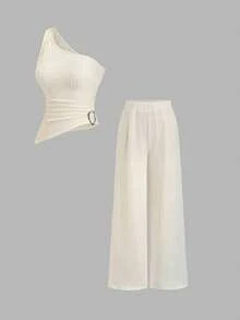 Sweetra 2pcs Spring/Summer New Solid Color Set: Spaghetti Strap Metal Buckle Crop Top + Casual Wide Leg Slimming Pants - Apricot - View 1
