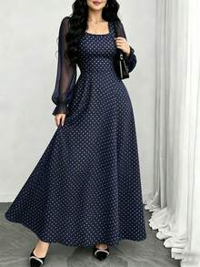 Modelyn Đầm maxi cỡ lớn màu xanh navy in chấm bi, đầm dài đơn giản cổ vuông tay phồng thời trang nữ, đầm maxi thanh lịch thắt eo mùa hè, thích hợp cho kỳ nghỉ hè và mặc hàng ngày. - Nhiều màu - Xem 3