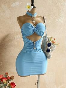 Soleia Women's Solid Color Halter Metal Decor Ruched Sexy Mini Dress For Dates & Parties,Dresses For Women Summer No Chest Padding - Teal Blue - View 10