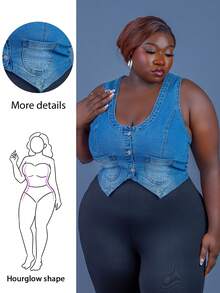 CurvyTilda 大码无袖水洗牛仔外套，适合沙漏型身材 - 藍色 - 查看 1