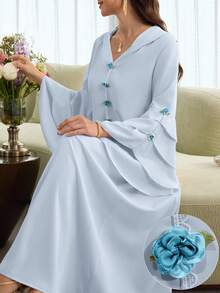 Al Najma Layered Floral Jacquard Hooded Cape With Ruffled Hem And Puff Sleeves, Elegant Robe - Blue - View 1