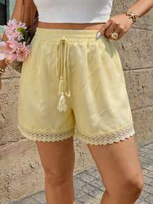Breezaya Plus Size Women Drawstring Waist Pockets Casual Versatile Daily Wear Shorts Vacation Light Yellow Summer  Country Summer Beach Dress Festival Party - Yellow - View 5