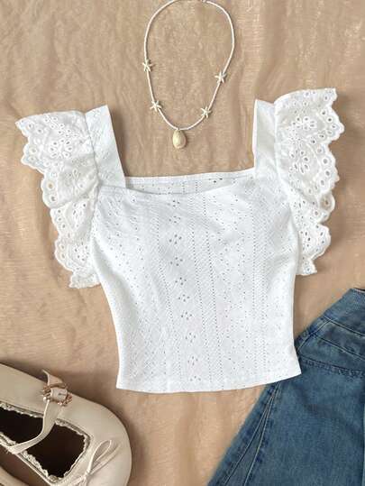 SHEIN Tween Girls Casual Everyday Comfortable Square Neck Ruffle Trim Cami Top