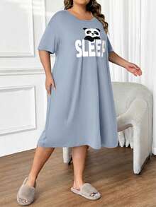 SHEIN CURVE+ 大码休闲熊猫印花圆领睡裙 - 霧霾藍 - 查看 3