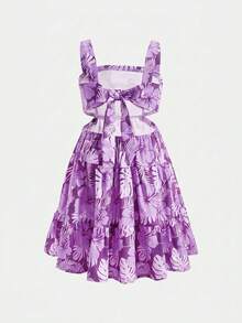 SHEIN 年轻女孩碎花印花露背蝴蝶结休闲度假连衣裙 - 彩色 - 查看 3