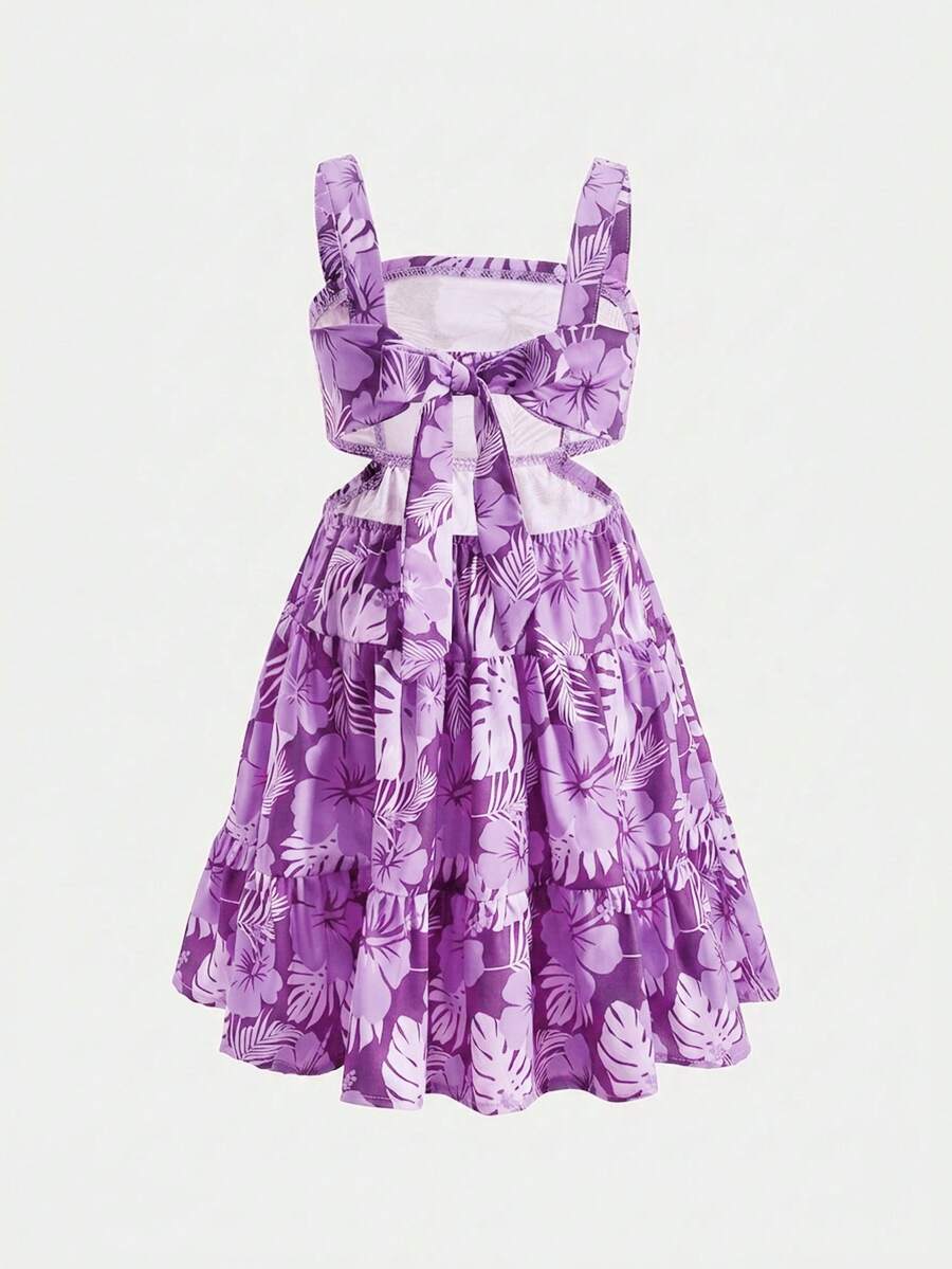 SHEIN 年轻女孩碎花印花露背蝴蝶结休闲度假连衣裙 - 彩色 - 查看 1