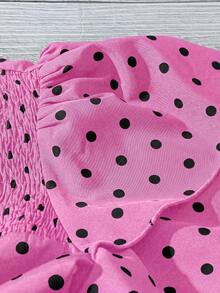 Linhara Plus Size Women's Polka Dot Ruched Double Layer Sleeve Casual Blouse - Coral Pink - View 6