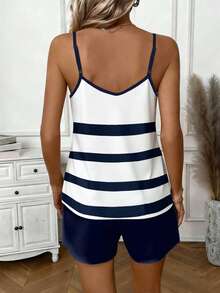 EMERY ROSE Women's Casual Horse Print Striped Round Neck Tank Top And Shorts 2 Piece Set, Suitable For Spring/Summer, Plus Size - Multicolor - View 2