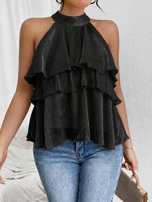 Firerie Loose Neck Ruffle Asymmetrical Chiffon Blouse,Summer Top - Black - View 6
