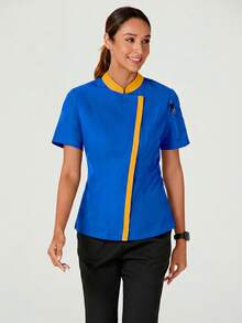 TaskEZ Uniforme de chef con cremallera de manga corta y color contrastante, uniformes - Azul - Ver 6