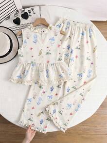 SHEIN 2件套少女碎花无袖上衣和宽松休闲裤套装 - 彩色 - 查看 2