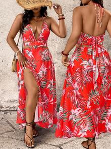 Breezaya Plus Size Women's Red Summer Tropical Print Backless Bow Tie Thigh High Slit Dress, Boho Satin Vacation Holiday Aloha Beach Party Wrap Around Outfits - Watermelon Pink - View 8
