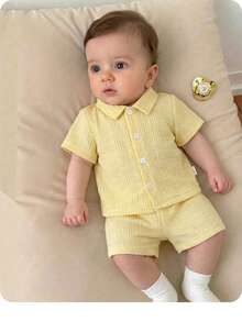 SHEIN Neugeborenes Baby Mädchen süßes lässiges Sommer Set aus gelbem Poloshirt mit Kurzarm und Shorts mit elastischem Bund - Gelb - Übersicht 4