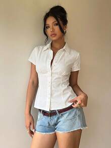 2026 Blusa casual ajustada de manga corta de mezclilla azul para mujer - Blanco - Ver 7