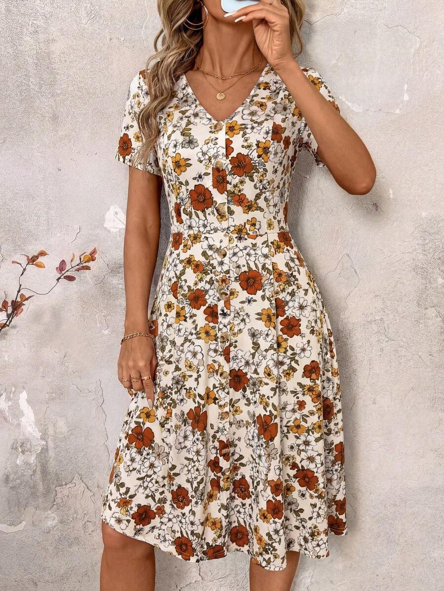 SHEIN Clasi 女款夏季鄉村風碎花優雅中長洋裝 - 卡其色 - 查看 1