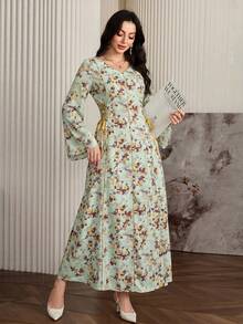 Al Najma Đầm dài tay buộc dây in hoa toàn thân kiểu Ả Rập, kiểu dáng maxi Kaftan Jalabiya dáng chữ A thanh lịch, thích hợp cho tiệc tối/đám cưới/kỷ niệm. - Màu vàng - Xem 2