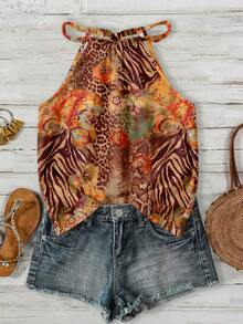 SHEIN LUNE Áo tank top cổ yếm họa tiết ngựa vằn và báo dành cho nữ, thích hợp cho mùa xuân/hè. - Nhiều màu - Xem 3